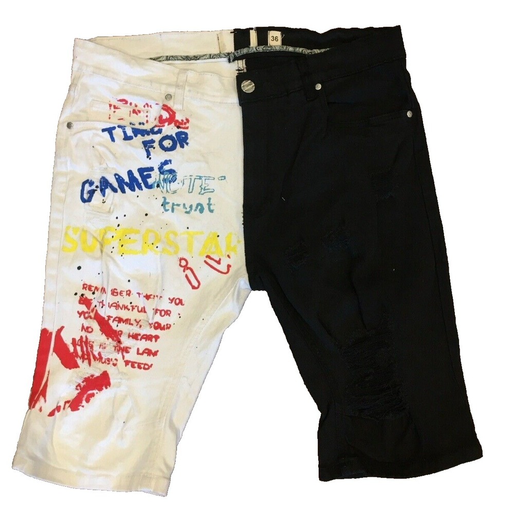 FWRD Denim Black & White Painted Y2K 90's Distressed Jean Shorts Men Size 36
